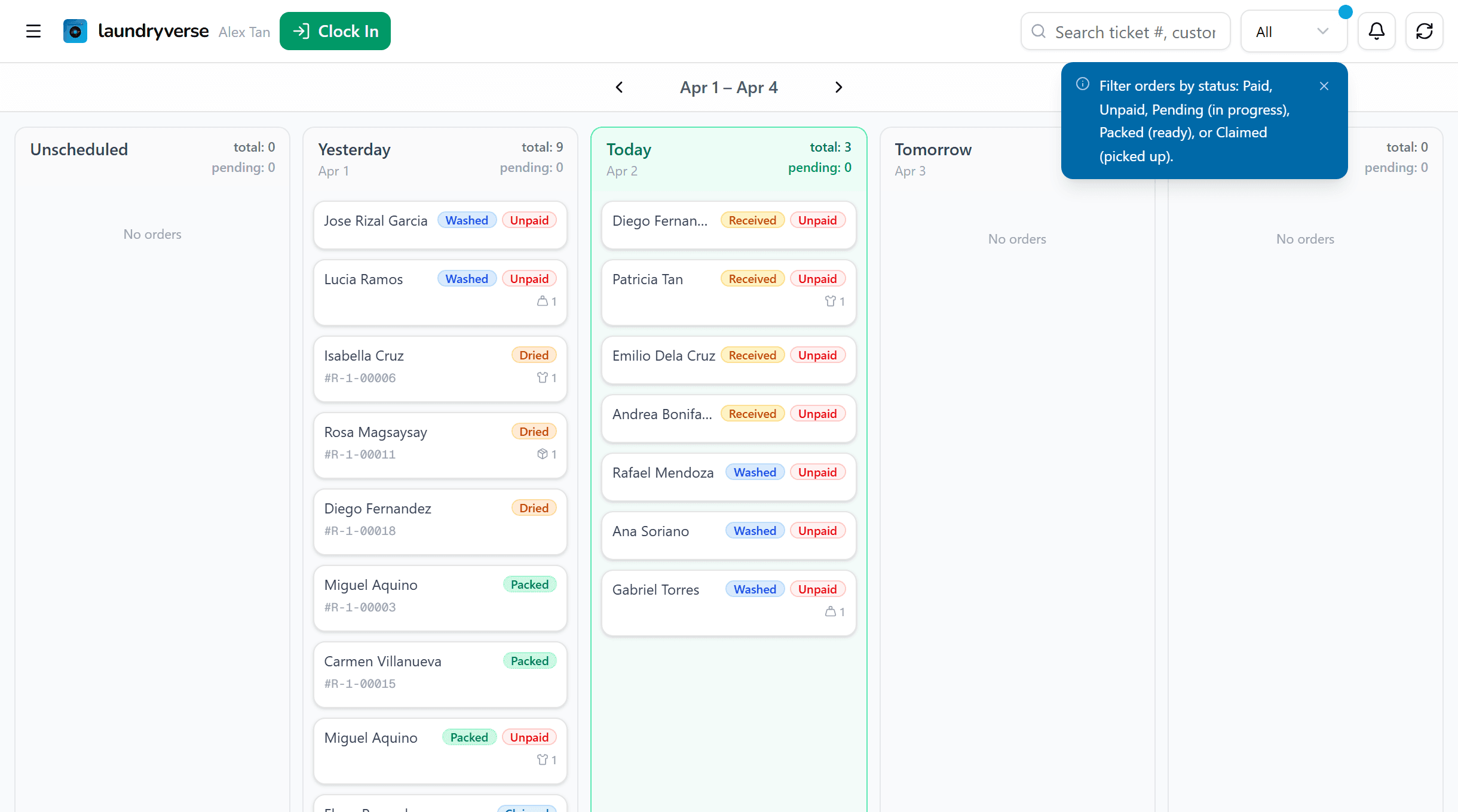 LaundryVerse order board showing kanban-style order tracking