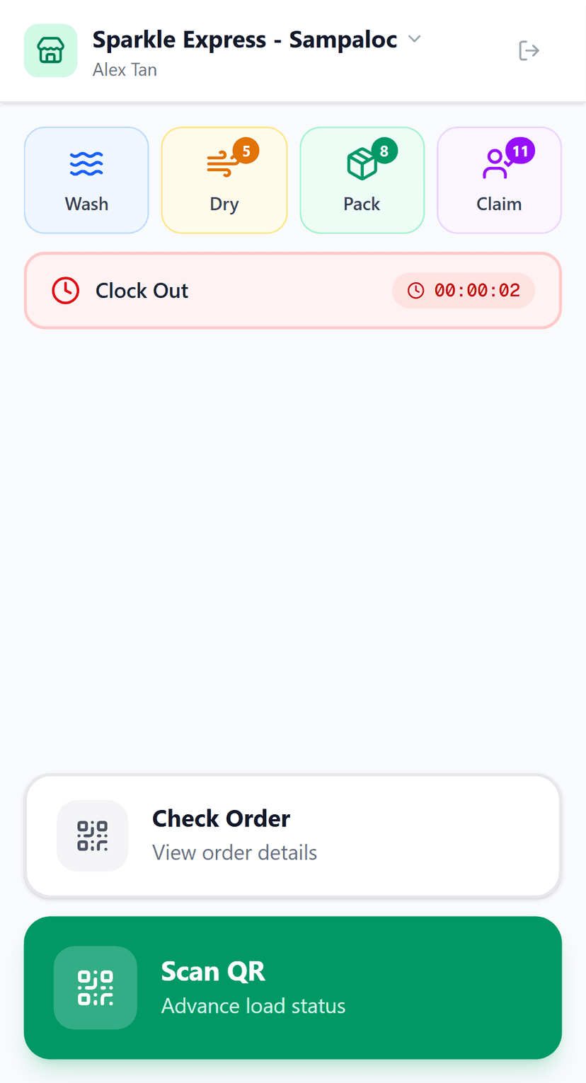 LaundryVerse station interface showing QR scan and order stages