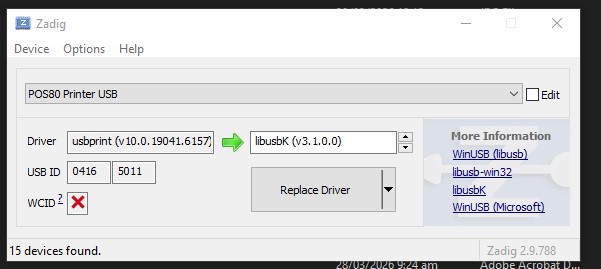 Zadig with the thermal printer selected. Make sure the correct device is chosen.