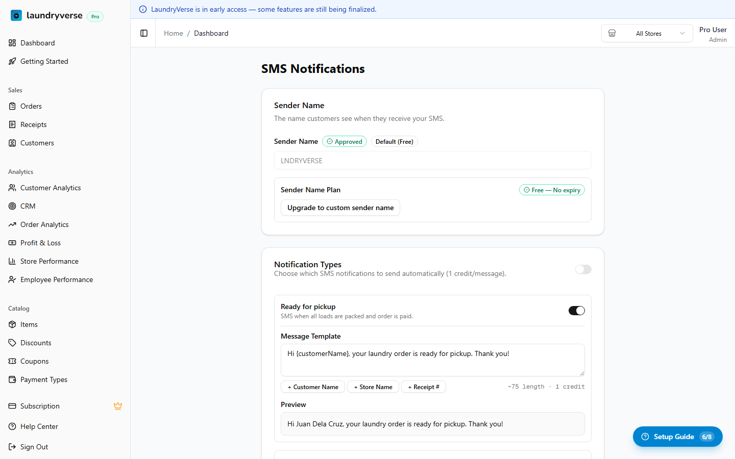 SMS notifications settings page after activation