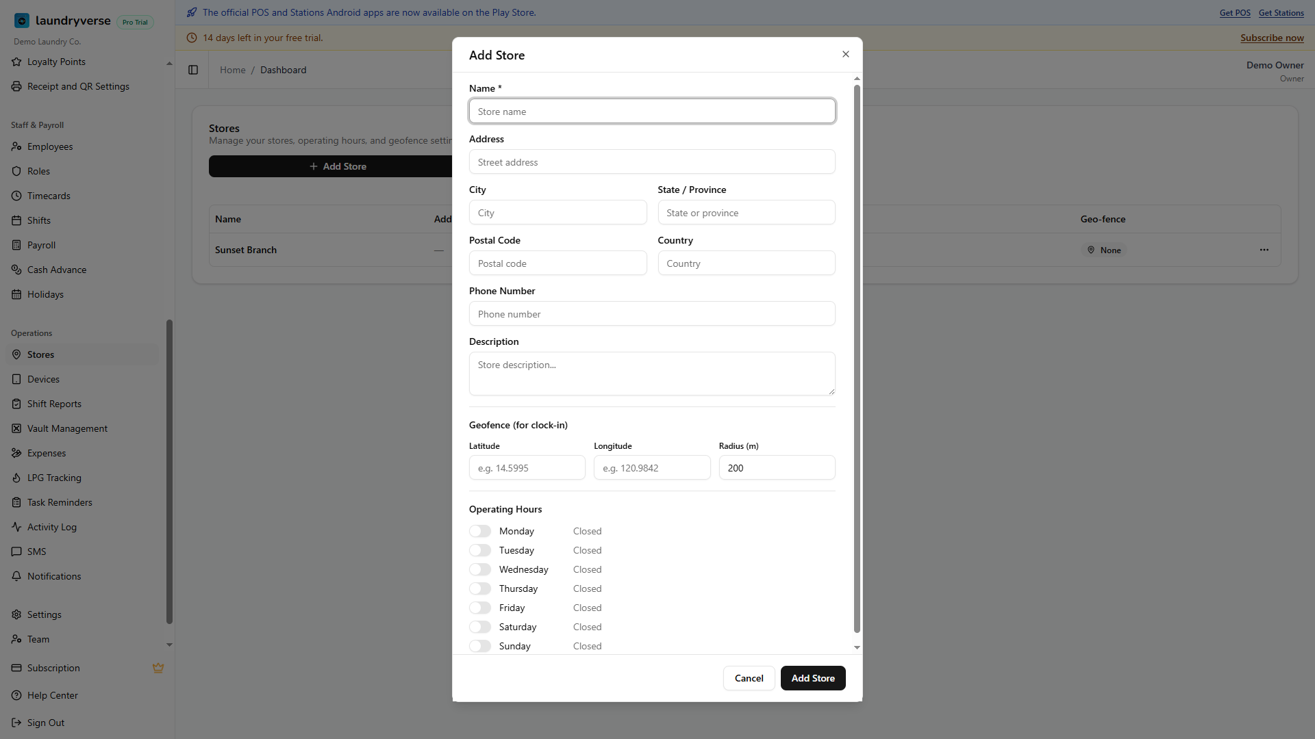 Add Store form dialog