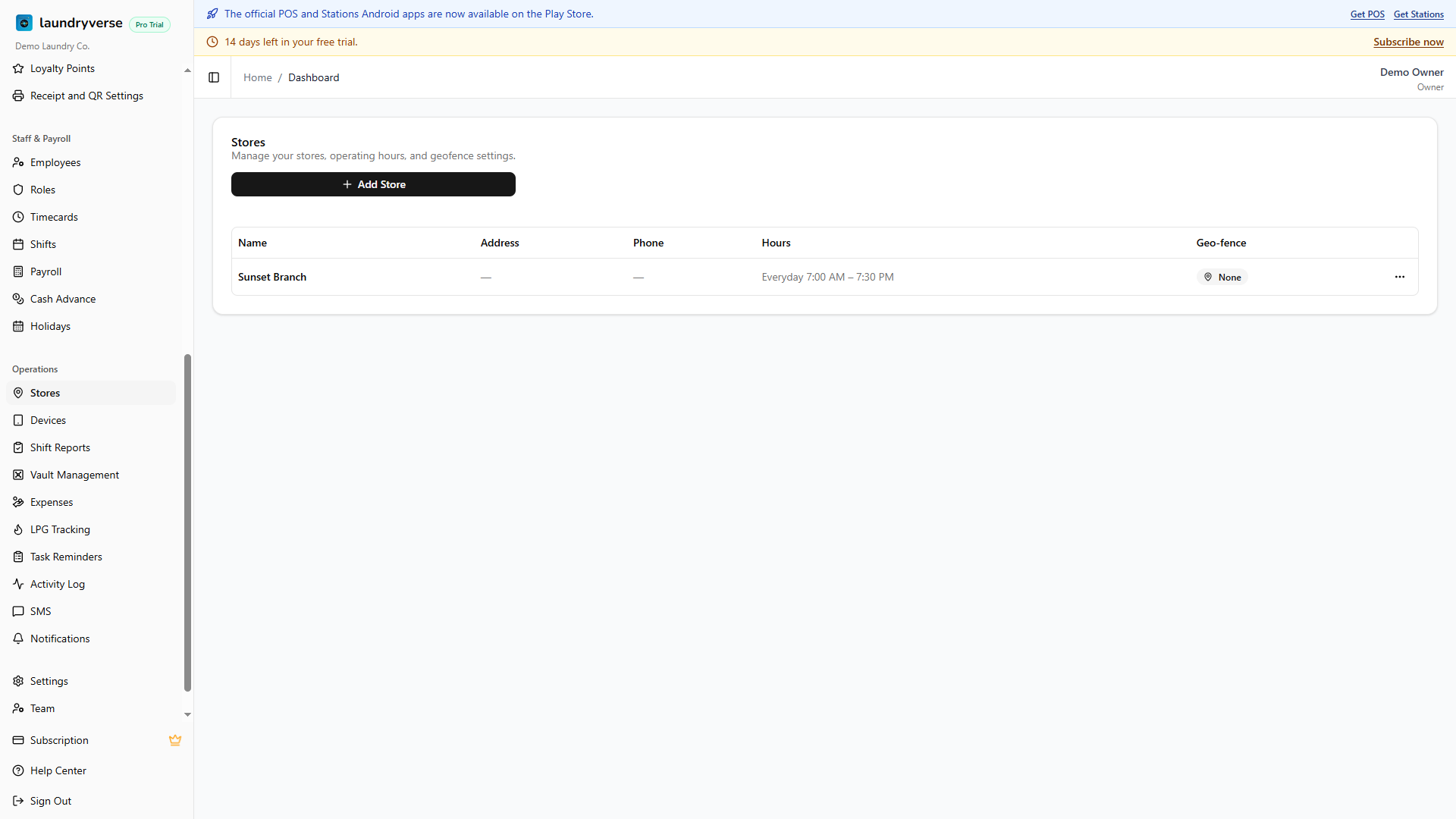Stores management page with store list