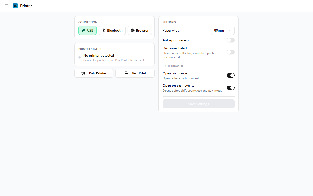 Printer setup page