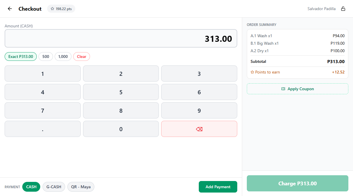 Checkout screen with payment pills, numpad, and order summary