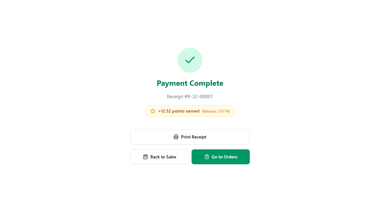 Payment Complete success screen with receipt number and points earned