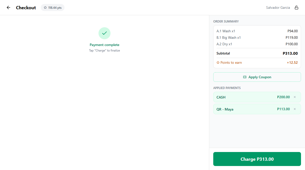 Applied Payments list with multiple methods and remaining balance