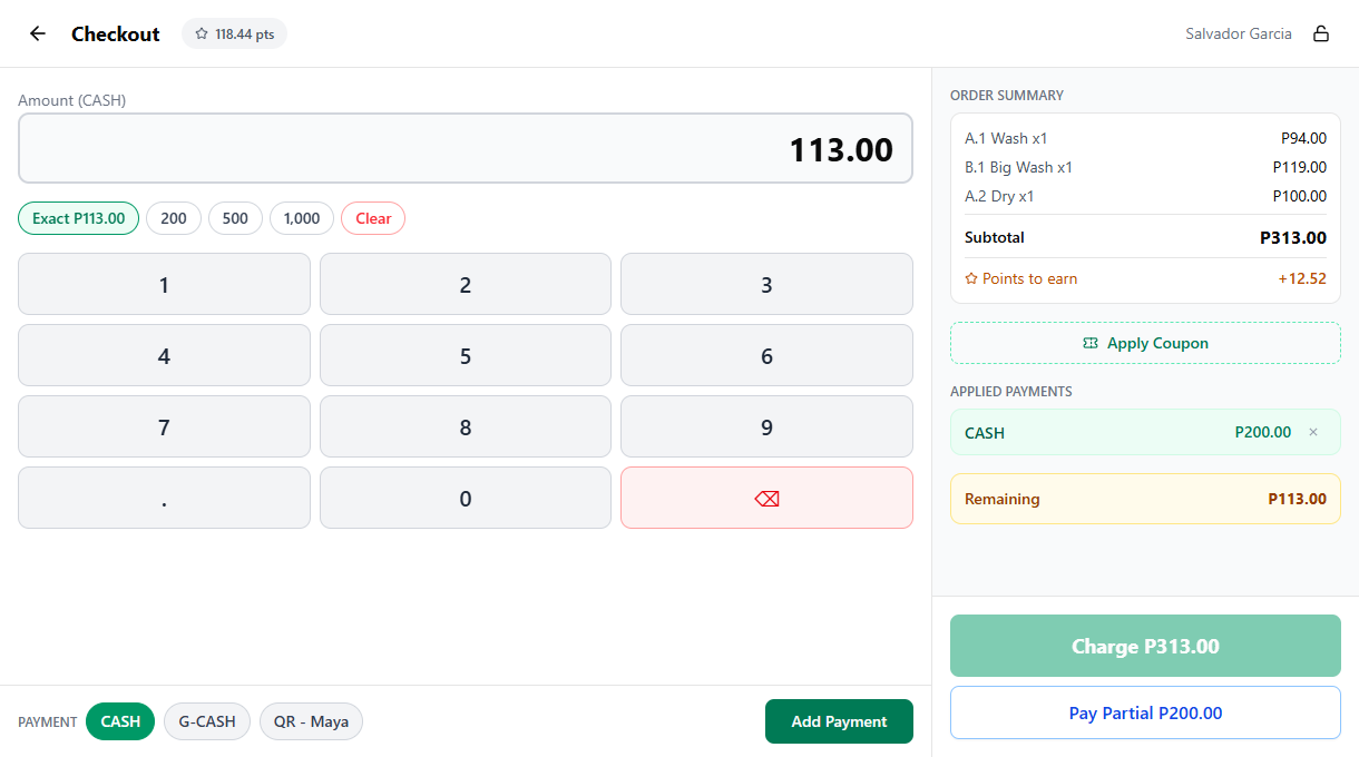 Checkout after the first payment is added, remaining balance recalculated
